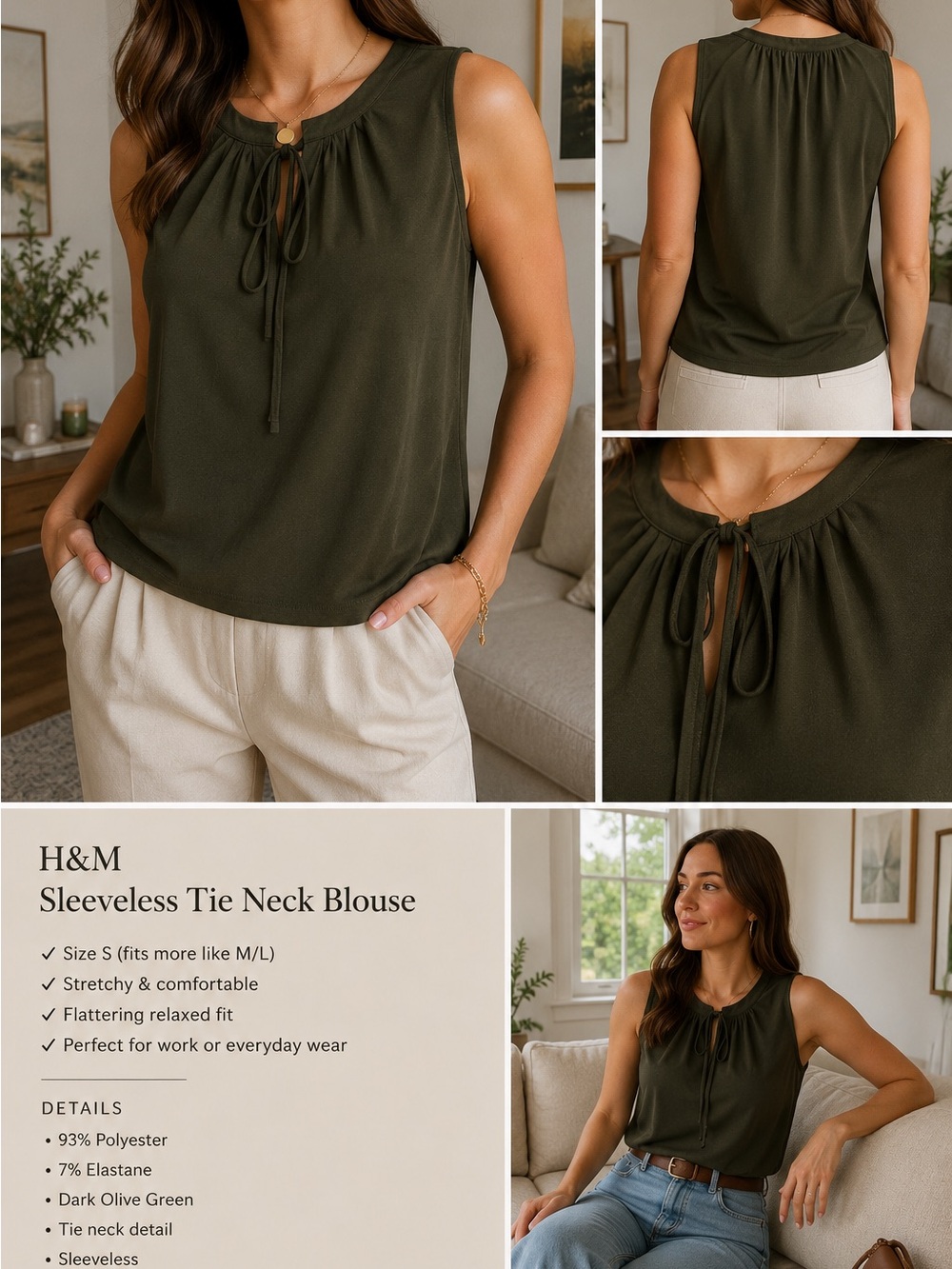 H&M Dark Olive Sleeveless Tie Neck Blouse Stretch Knit Top Size S Fits M/L